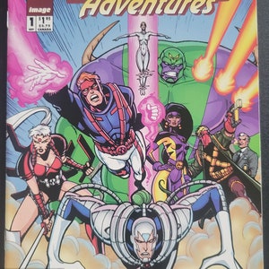 May include: A comic book cover featuring a group of superheroes in action poses. The cover is titled "WildC.A.T.S Adventures" and features a purple and green alien-like creature in the background. The superheroes are in various poses, including a woman with a sword, a man with a red and blue suit, and a woman with a purple suit.