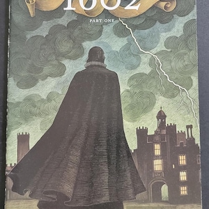 May include: Comic book cover for "1602 Part One" by Neil Gaiman, Andy Kubert, and Richard Isanove. The cover features a figure in a long black cloak, facing away from the viewer, with a castle in the background. The sky is filled with dark clouds and a lightning bolt.