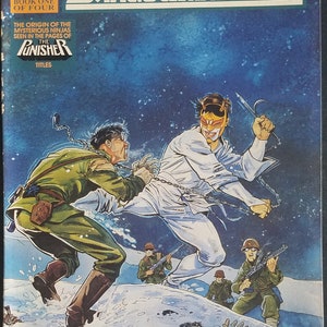May include: A comic book cover featuring a white masked ninja fighting a soldier in a snowy landscape. The title of the comic is "ShadowMasters" and the cover is from Marvel Comics.