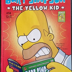 Könnte beinhalten: Ein Comic-Cover mit Bart Simpson aus den Simpsons. Das Cover ist rot mit gelben Flammen und Bart ist mit einem mürrischen Gesichtsausdruck dargestellt, der ein Comic hält, auf dem "Bart Simpson" steht. Der Comic ist grün mit einem gelben Bart Simpson auf dem Cover. Der Text auf dem Cover lautet "Simpsons Comics Presents Bart Simpson The Yellow Kid #14".