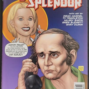 May include: American Splendor comic book cover featuring Harvey Pekar on the phone, with a woman in a yellow circle. The cover has the title in red and white, with the issue number in the upper left corner. The comic is from Vertigo.