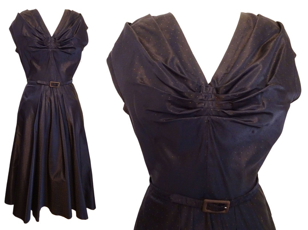 1950s Navy Blue Dress with Silver Glitter Textile