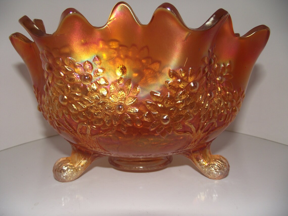 Fenton Vintage Orange carnival glass bowl with 3 legs Etsy