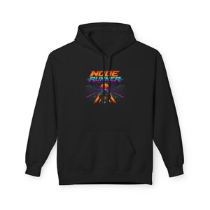 May include: A black hooded sweatshirt featuring a central graphic print with the text "NODE RUNNER" in orange and blue. The design depicts a retro-style landscape with a glowing sun, horizon lines, and light streaks in vibrant neon colors.