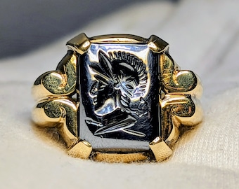 【vintage】Intaglio ring 21号 ヘマタイト ローマン騎士 Vintage Hand Wrought 10k Yellow Gold & Hematite Men's Intaglio