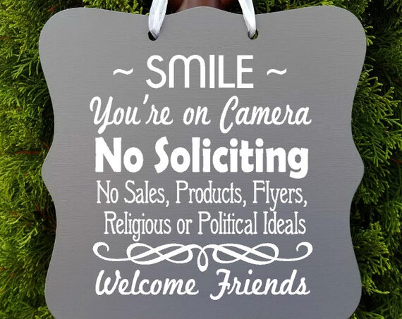 No Soliciting Sign, Smile, Camera, Video, Surveillance, Front Door Sign, Door Hanger, Welcome Sign, Do Not Disturb, Home Decor, Wood Sign