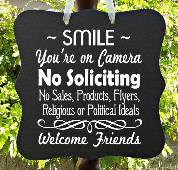 No Soliciting Sign, Smile, Camera, Video, Surveillance, Front Door Sign, Door Hanger, Welcome Sign, Do Not Disturb, Home Decor, Wood Sign