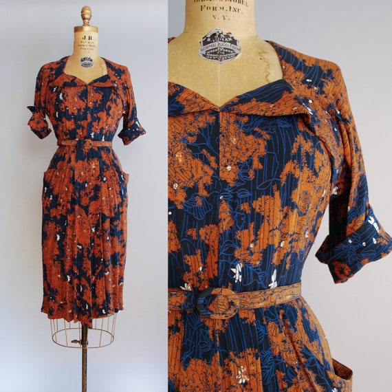 1940s Rouille Bleu Dress | Vintage sweetheart neck