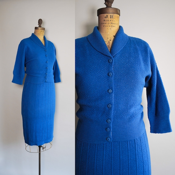 1950s Cobalt Sweater Set | Mid century knit dress