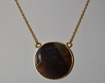 Vintage, Genuine Tiger Eye Coin Pendant Necklace  (1050036) V02.1-4-01