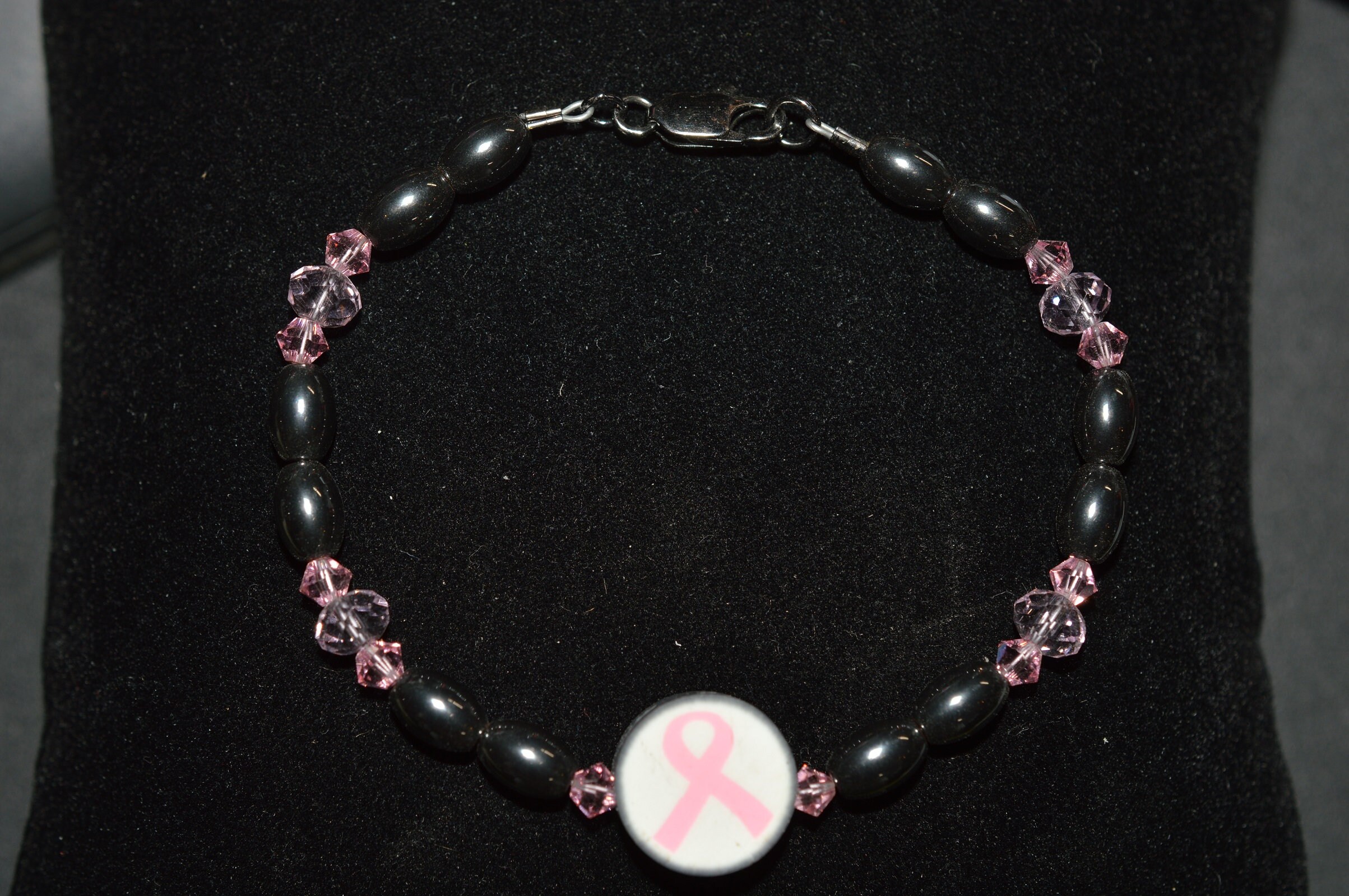 Lt. Rose Crystal, Hematite and Breast Cancer Awareness Ribbon Bracelet (1025033) - W5-1-14