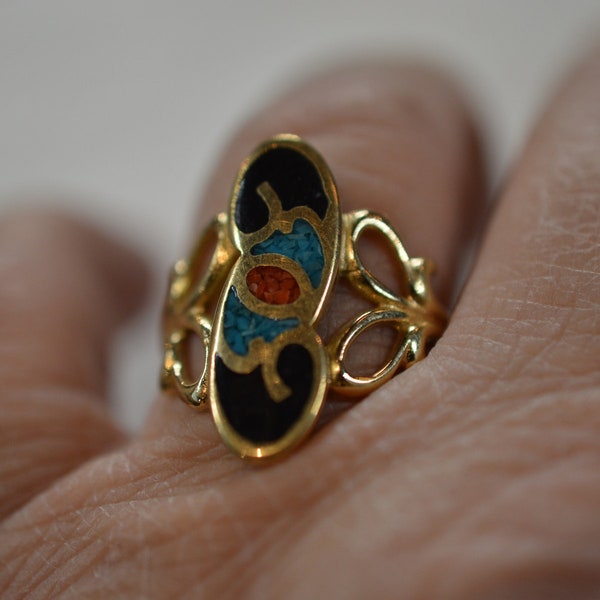 Vintage Vermeil Turquoise, Coral and Black Enamel ring. (1077519) Z2-1-01