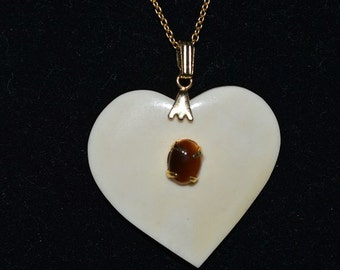 Vintage,Natural Buffalo Bone Heart & Tigereye Oval Cabachon Pendant Necklace (1050002) V2-1-01