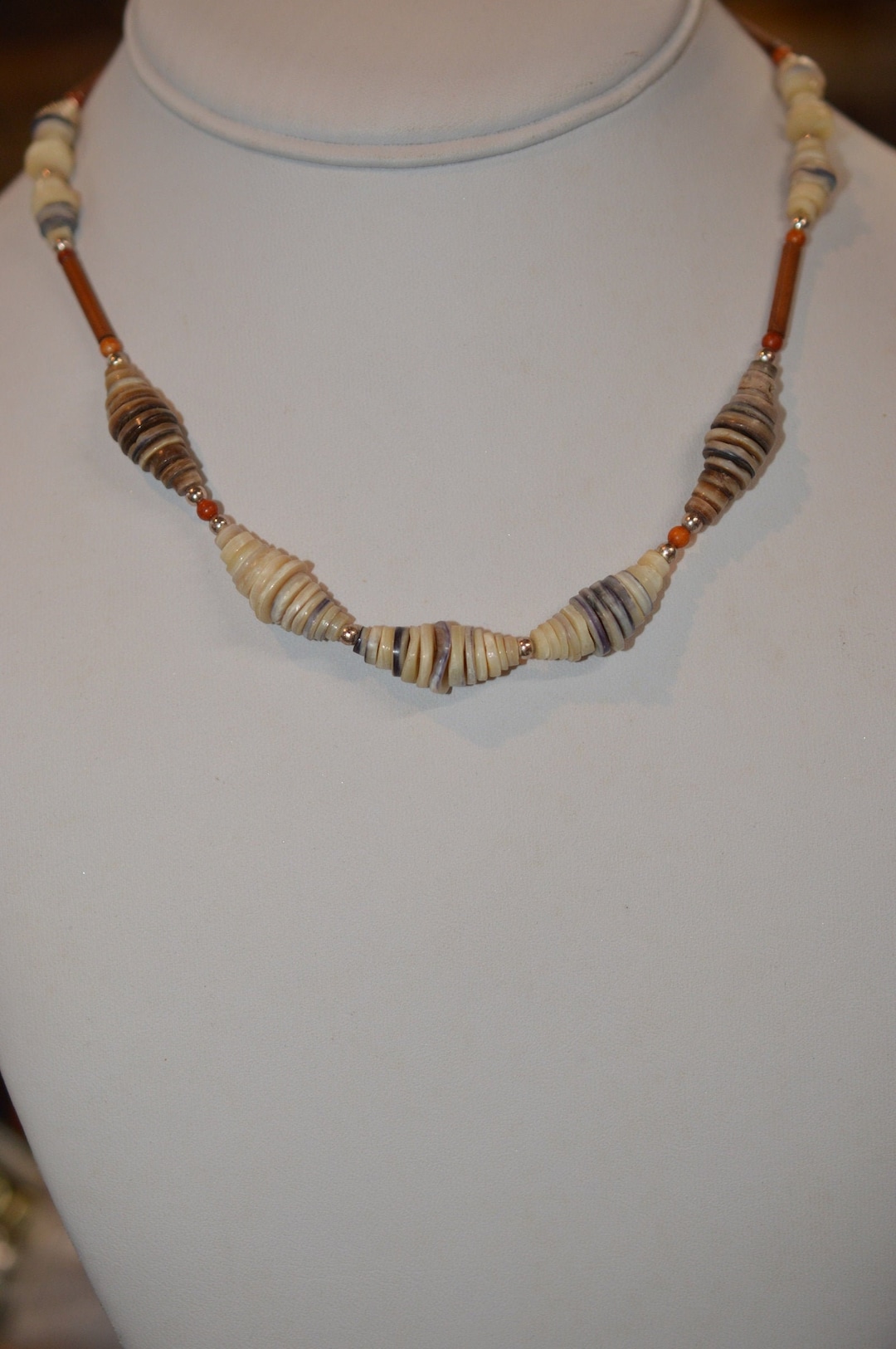Vintage Wood and Shell Choker, Bead and Heishi Necklace. Men's Stylish ...