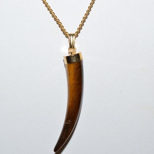 May include: A gold chain necklace with a brown tiger's eye pendant shaped like a tooth.