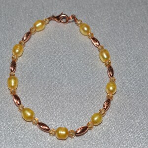 Yellow Fresh Water Pearl, Yellow Crystal and Copper Bead Bracelet (1025093 - W5-2-22)