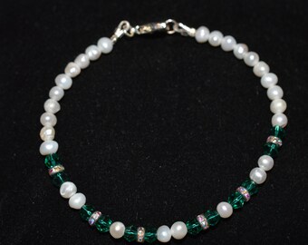 Cultured Freshwater Pearl and Crystal Beaded Bracelet, Silver over Brass Beads, Lobster Clasp (1027125) - W7-1-1