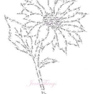 May include: A black and white floral design made of handwritten text. The text is arranged in the shape of a flower, with the words forming the petals and stem. The words are difficult to read, but the overall effect is artistic.