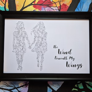 May include: A framed print with black calligraphy on a white background. The calligraphy is in the shape of two wings. The text reads "The Wind Beneath My Wings".