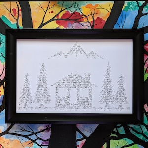 May include: A black framed print with a white background featuring a stylized image of a house and trees made up of handwritten words. The words include "light my love" and "sauce you're my home".