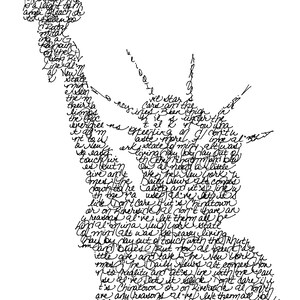 May include: A black and white illustration of the Statue of Liberty, filled with handwritten text. The text appears to be a poem or song lyrics about New York City. The artist's signature is in pink.