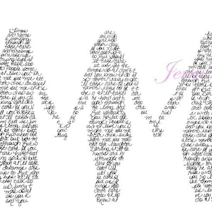 May include: Black and white image of three figures holding hands. The figures are made up of words, including "take care of you" and "I love you".