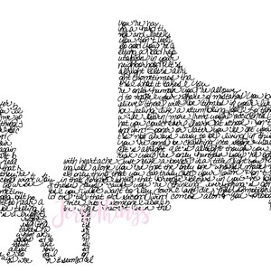 May include: Black and white artwork featuring a piano and a person playing it, both formed from handwritten text. The text appears to be song lyrics or poetry, creating a unique visual design.