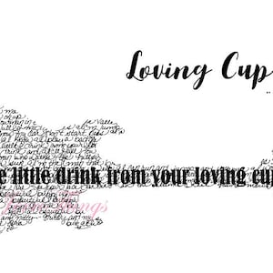 May include: A black and white guitar-shaped design with the words "Loving Cup" and "- Phish" at the top. The guitar is filled with lyrics, and the phrase "give me little drink from your loving cup" is prominently displayed.