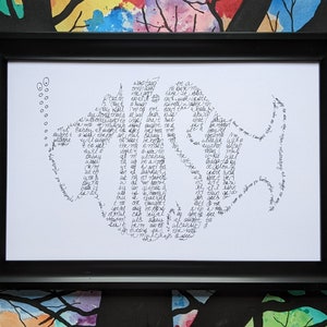 May include: A framed black and white print of two stylized figures formed by handwritten text. The text is in a cursive font and is difficult to read. The figures are facing each other and are connected at the bottom.