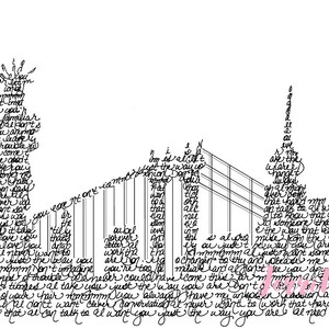 May include: Black and white line art of the New York City skyline, including the Statue of Liberty and a building, filled with handwritten text. The text appears to be song lyrics or poetry.