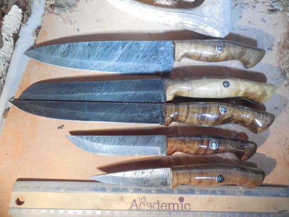 5 pc. Damascus Oregon Myrtle wood kitchen knife set | Etsy