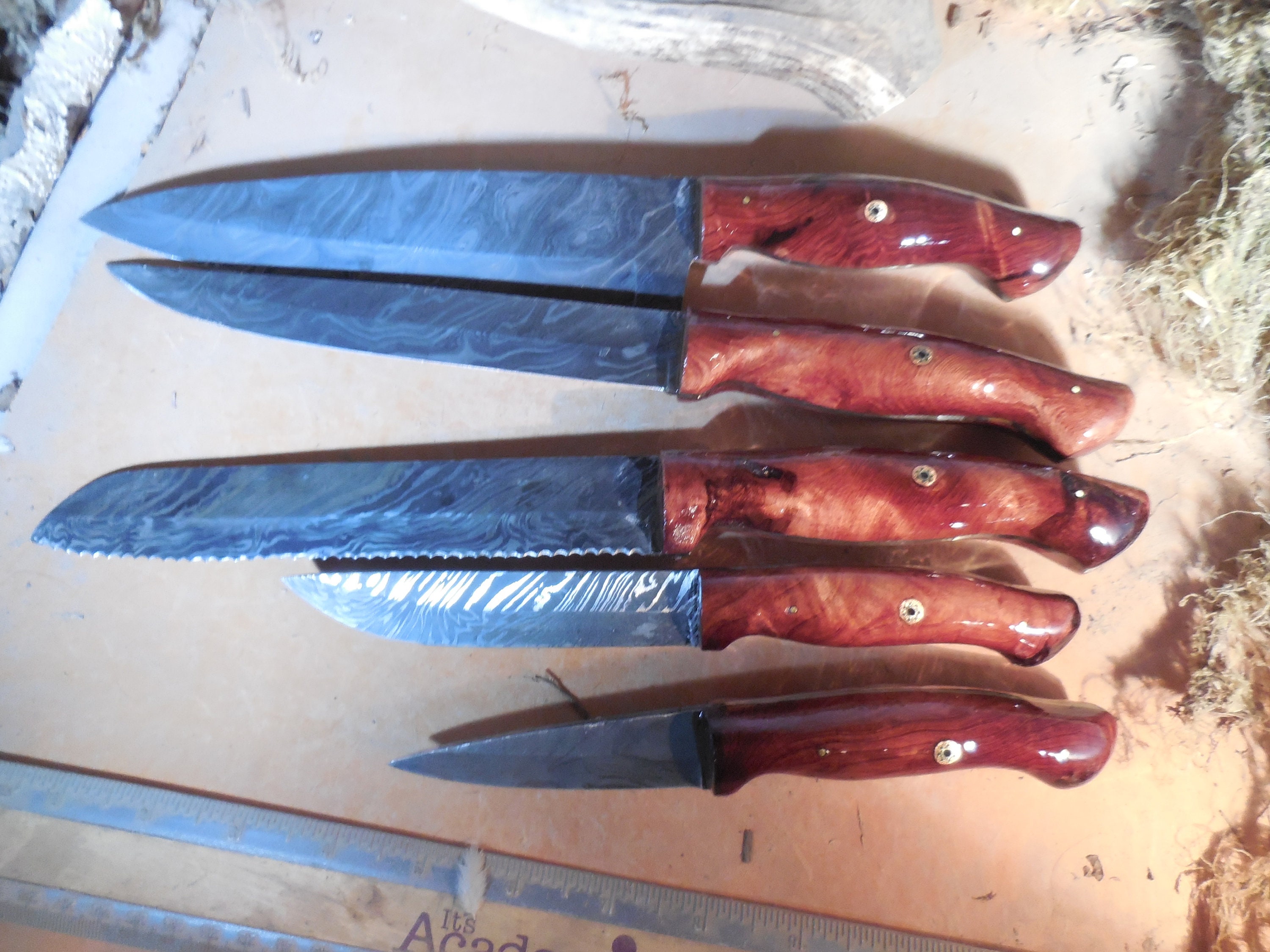 5 pc. Damascus Redwood kitchen knife set Etsy