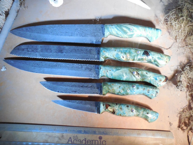 5 Pc Damascus Blue Green Ilized Buckeye Burl Wood Image 0