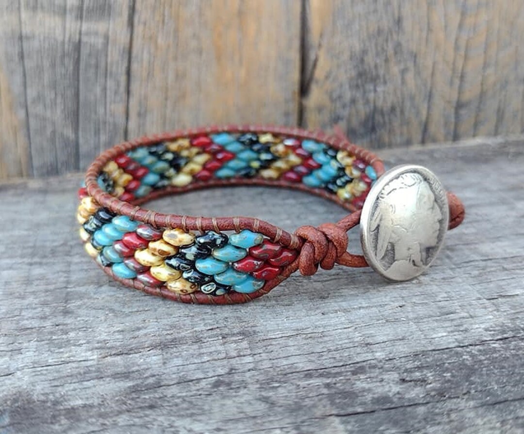 Beaded Leather Wrap Bracelet/ Superduo Leather Bracelets for Etsy