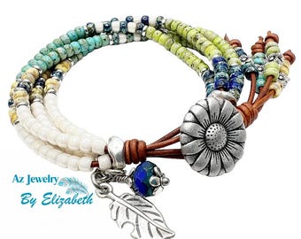 Beaded Leather Wrap Bracelet: Bohemian Seed Bead & Daisy Button Jewelry