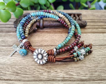 Boho Leather Wrap Bracelet: 4-Strand Beaded with Silver Daisy Closure **