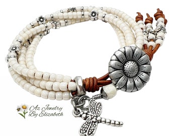 Leather Wrap Bracelet For Women With Light Beige Seed Bead, Beaded Boho Jewelry.