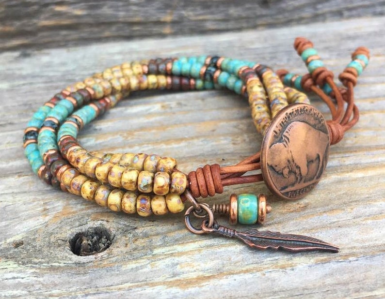 Leather Bracelet For Women Seed Bead Wrap Bracelet Native American Style Boho Jewelry *