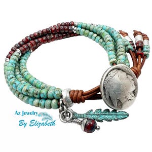 Beaded Leather Wrap Bracelet: Indian Head Nickel Button, Boho Tribal Jewelry