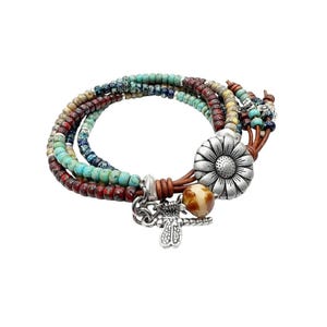 Boho Leather Wrap Bracelet: 4-Strand Beaded with Silver Daisy Closure **