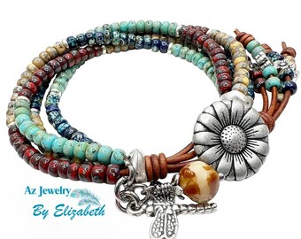Beaded Leather Wrap Bracelet: Picasso Seed Beads & Daisy Button Boho Jewelry