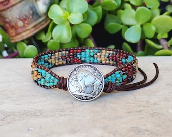 Beaded Leather Wrap Bracelet, Buffalo Nickel, Boho Cuff