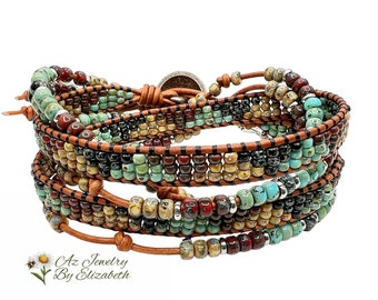 Boho Beaded Wrap Bracelets  Handmade With Seed Bead And Leather.