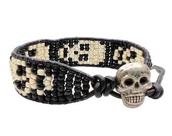 Skull Bracelet/ Loom Bracelet With Black Leather And Seed Beads/ Mens Leather Bracelet/ Gothic Bracelet/ Wrap Bracelet/s For Women.