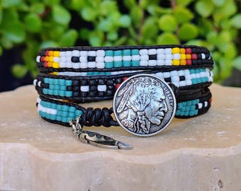 Native American-Inspired Beaded Wrap Bracelet for Men & Women, Black Leather with Seed Beads, Boho Western Style Jewelry