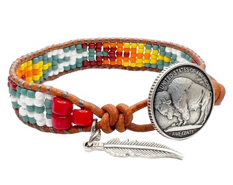 Mens Leather Bracelet/ Beaded Leather Wrap Bracelet For Men/ Womens Jewelry/ Native American Style/ Boho Wrap Bracelet.