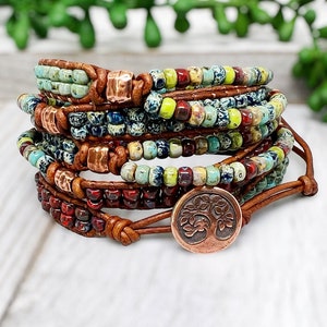 Picasso Seed Bead and Leather Wrap Bracelets for Women. - Etsy