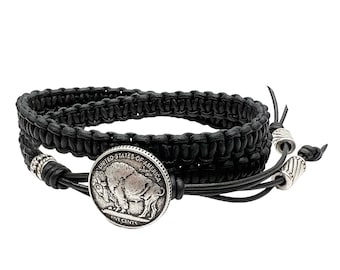 Handmade Macrame Bracelet Using Black Leather and a Buffalo Button Closure/ Leather Wrap Bracelets For Men And Women.