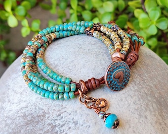 Turquoise Seed Bead Leather Wrap Bracelets For Women, Four Strand Boho Jewelry, Heart Closure   *