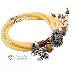 Sunflower Bracelet/ Boho Bracelets For Women/ Boho Jewelry/ Four Strand Bracelet/ Seed Bead Leather Bracelets/ Beaded Leather Wrap Bracelet.